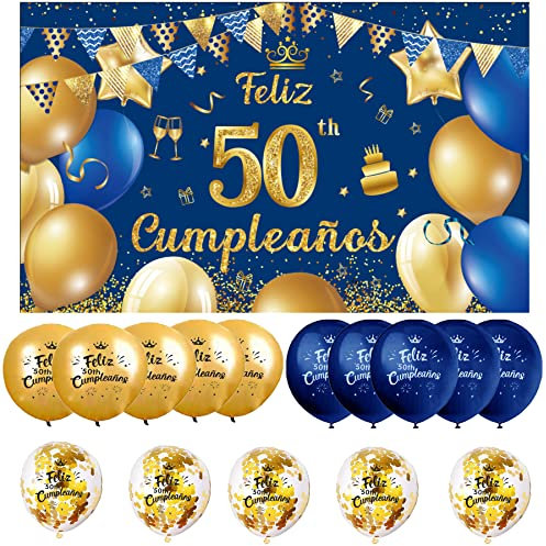 (1+15) Decoración para Cumpleaños 50 Escrita en Español 1 Pancarta Feliz Cumpleños 50 Decoración 50 Años Azul Oro Happy Bithday Fondo Cartel con15 Globos para Cumpleaños Adornos Kit para Cumpleaños