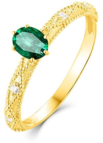 KnSam Echtgold Schmuck Ring Ehering 750 Gold, Pärchen Ringe 0.3ct Smaragd 4.5x6.8mm Hauptstein Trauringe mit Ovalschliff Partnerringe Gr.58 (18.5)