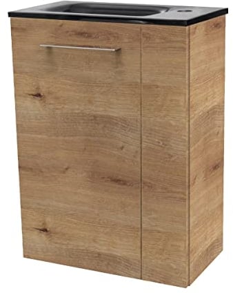FACKELMANN Milano Gäste-WC Set 2 Teile – Waschtischunterschrank in Holz Braun mit Waschbecken aus Glas in Anthrazit – SBC Waschbeckenunterschrank schmal – Türanschlag Links – 45 cm breit