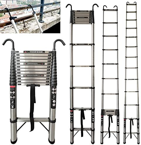 Telescopic Ladder 5M Heavy Duty Multi-Purpose Step Ladders 12 Step Stainless Steel Telescoping Extension Ladder, Folding Extendable Ladders with Hooks for Home Garden Roof Outdoor Work, 330lb Capacity