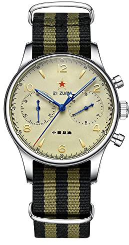 SEVEN XII Herren Chronograph Armbanduhr, Mechanisches Handaufzugswerk, 40 mm Edelstahlgehäuse, Wasserdicht, Pilotenuhr für Männer