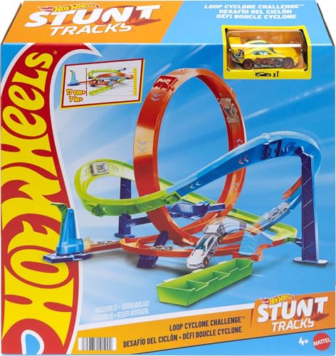 Hot Wheels Spielzeugauto-Trackset, Action-Trackset Looping-Zyklon-Challenge, 2 Spielmöglichkeiten und einfache Aufbewahrung, mit Spielzeugauto im Maßstab 1:64, HTK16