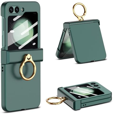 Miimall Hülle Kompatibel mit Samsung Galaxy Z Flip 5 Hülle mit Ring + Displayschutz, Ultradünne Robust PC Flip 5 Handyhülle mit Ständer Stoßfeste Scharnierschutz Case für Samsung Flip 5 -Grün