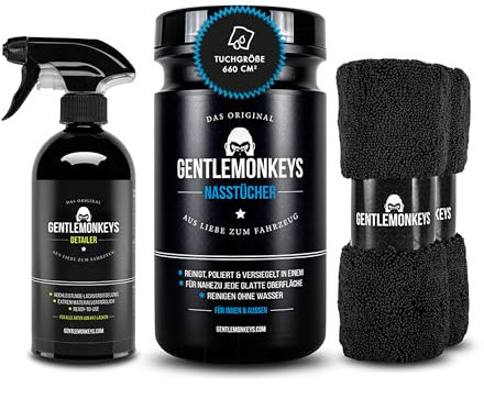 GENTLEMONKEYS Detailer Auto (500ml) + 45er Set Nasstücher • Lackversiegelung Auto, Motorrad & Fahrrad • Inklusive Pflege- & Reinigungstücher für Innen & Außen