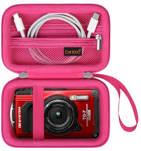 Canboc Custodia per OM SYSTEM Tough TG-7 / OM SYSTEM OLYMPUS TG-6 Telecamera subacquea, Borsa fotografica impermeabile, Tasca a rete lampo adatta al cavo USB, Rosa