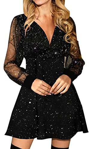 Glitter Sequin Party Dress for Women UK - Mesh Long Sleeve Waist Swing Short V-Neck Club for Teenagers - Fashion Retro Bodycon Elegant Evening Cocktail Size 18 Black