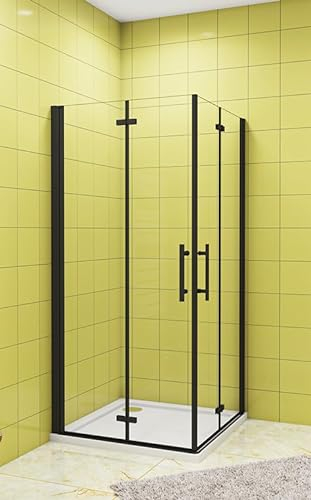 Aica Sanitär Duschkabine Eckeinstieg Falttür Duschabtrennung Nano Glas,H195cm,Schwarz,76x76cm