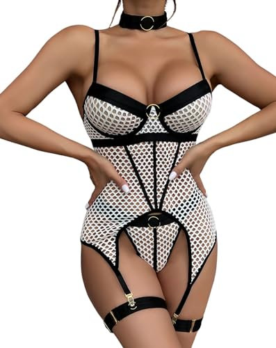 EVELIFE Dessous Set für Damen Sexy Gothic Bodysuit Strapsen Oberschenkel Strumpfgürtel Halsreif Unterwäsche Babydolls ohne Strümpfe (Weiß,S)