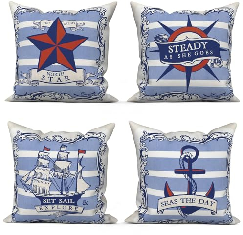 ASDCXZ Maritim Kissenbezug 45x45 cm 4er Set, Rot Blau Anker Kompass Segelboote Weiß Sofa Dekokissen Kissenbezüge Kissenhülle Waschbar Polyester Flachs Textil Outdoor Kopfkissenbezug Kissen Bezug