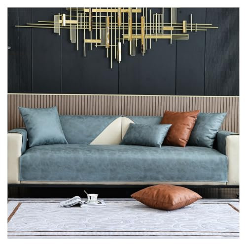 HonunGron Kunstleder Sofabezug Sofaschoner Wasserdicht rutschfest 4 3 2 1 Sitzer, L Form Sofaüberwurf, Sofadecke, Vintage Design Sofa Überzug Ecksofa Couch Überzug Couch Überwurf (Grau Blau,90×160cm)