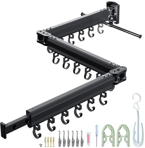 Wall Mounted Clothes Drying Rack, Space Saving,Triple Foldable, Retractable Clothes Airer with Extension Pole, Aluminium Clothes Dryer Rack with 18 Hooks, For Balcony, Laundry(Black-Single Hook)