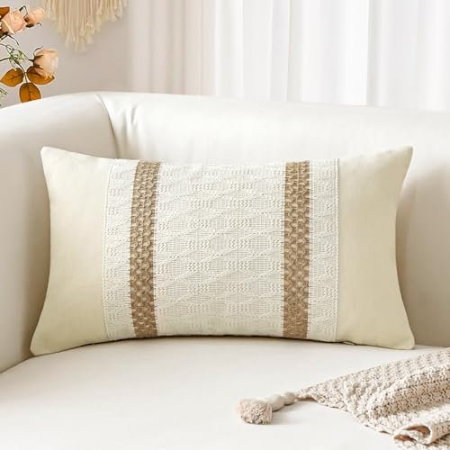 Sungeek 1 Stück Boho Kissenbezüge, Baumwolle & Sackleinen Zierkissenbezüge Dekorativ Kissenbezug Dekokissen Sofakissen Boho Style Deko Bezug Kissenhülle für Sofa Wohnzimmer (Beige Stil B, 30x50 cm)