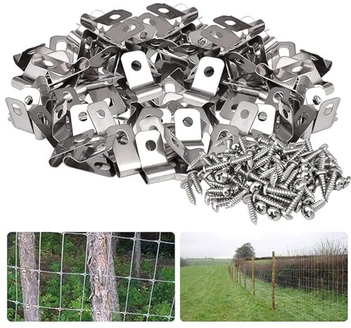 rflaueo 100pcs Fence Clips Agricultural Fencing Mounting Clips Stainless Steel Screw Wire Clamps with Screws for Welded Wire to Wood Metal Vinyl Fence &Cage Aviary(U190-100)