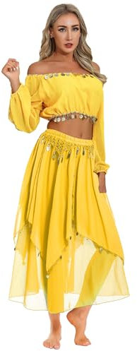 Yruioon Damen Bauchtanz Kostüm Set Langarm Crop Tops mit Chiffon Rock Bauchtanz Kleid Bauchtänzerin Indische Tanzkleidung Gelb Einheitsgröße