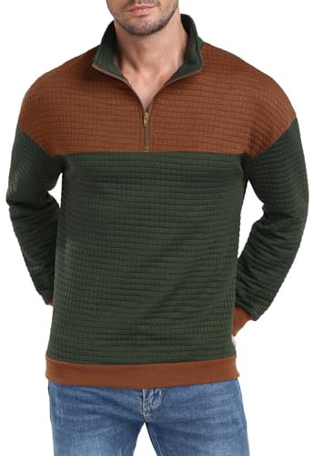 MLANM Sweatshirts for Men Casual Contrast Color Quarter Zip Polo Shirt Long Sleeve Pullover Waffle Jumper Brown Dark Green M