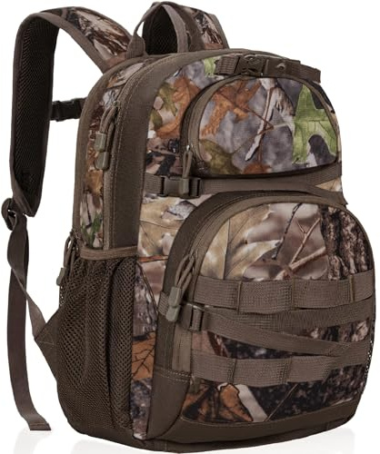 OUUTMEE Camo Outdoor Jagd Pack für Bogen oder Gewehr mit Halter - Tarnfarbe Nylon Rucksack mit 2 Fächern und ergonomischem Design für Jagd, Wandern oder Camping