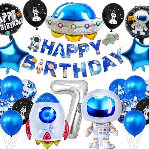 YianHien Weltraum Geburtstagsdeko 7 Jahre Jungen, 25 Stück Astronaut Rakete Raumschiff Folienballon Set, Weltraum Geburtstag Deko Kinder Party Theme Luftballons, XXL Astronaut Kindergeburtstag Deko