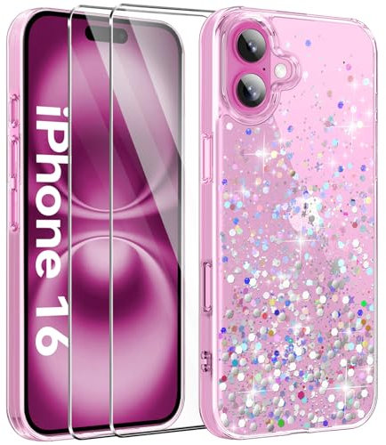 ivencase Clear Glitter Case Compatible with iPhone 16 Case with 2 Screen Protector, TPU Silicone Sparkly Bling Star Soft Cover Flexible Transparent Shockproof Cover iPhone 16