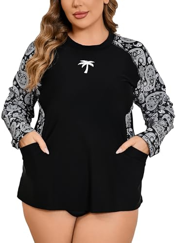 Halcurt Womens Plus Size Long Sleeve Rash Guard Swim Top with Built in Bra Loose Fit UPF50+ Sun Protection Swimsuit, Black Paisley, 3X