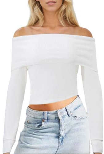 EMOTTOS Women's Knitted Crop Tops, Ladies Y2K Plain Tops Slim Fit One Shoulder T-Shirts, Fashion Going Out Club Party Basic Knitwear Sweater, White, S