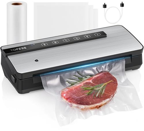 TOPZEE Food Vacuum Sealer Machine - 5 in 1 Food Sealer with Dry & Moist Modes, Pulse Control, External Vacuum, Seal, Built in Bag Cutter & Roll Storage for Food Preservation & Sous Vide, Silver