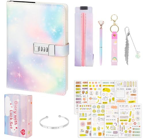 Drepint Diario Segreto con Serratura per Ragazze, A5 Diario di Viaggio, Taccuino Privato con Segnalibro Braccialetto Portachiavi Adesivi per Ragazza 6-12 Anni