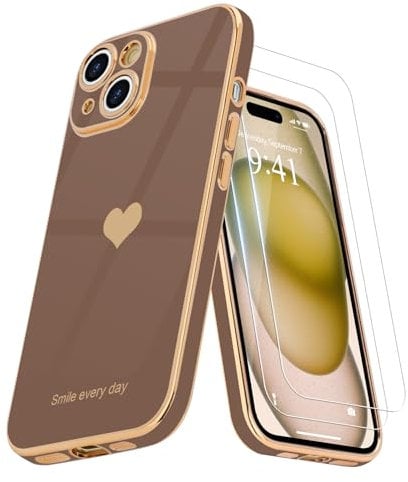 Teageo for iPhone 15 Case with 2 Screen Protector Heart Pattern for Women Girls Luxury Bling Plating Soft TPU Anti-Scratch Shockproof Bumper Phone Case for iPhone 15, Desert Gold