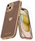 Teageo for iPhone 15 Case with 2 Screen Protector Heart Pattern for Women Girls Luxury Bling Plating Soft TPU Anti-Scratch Shockproof Bumper Phone Case for iPhone 15, Desert Gold