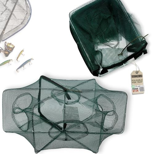 Rankomu Nasse à Poisson 6 Trous – Filet de Pêche Automatique Pliable, Nasse à Écrevisses avec Fermeture Éclair, Pour Rivière Lac Étang (58x22cm, 150g)