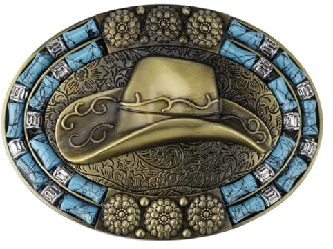 Fachoice Türkise Cowboyhut-Gürtelschnalle für Herren Jahrgang-Cowboyhut Blumen Gürtelschnalle Retro Mode-Western Hut Schmuck