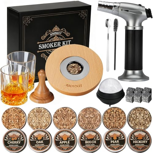 Kit affumicatore per whisky con torcia, 6 sapori di trucioli di legno, 2 bicchieri, 6 pietre, kit infusore per cocktail, bevanda vecchio stile, regalo di compleanno per uomini, papà (senza butano
