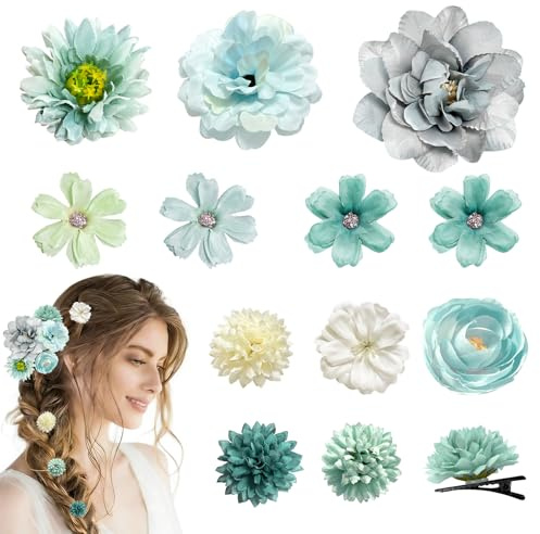 12 Piezas Horquillas Pelo Flor Artificial, Flores Pasadores Pinzas para Todo Tipo de Pelo, Juego de 12 Horquillas Florales para Mujeres y Niñas, para Bodas, Fiestas, Playa (Azul brumoso)