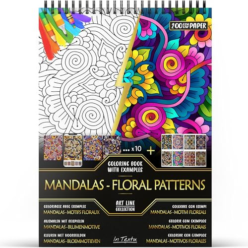 In Textu Malbuch für Erwachsene Mandalas Blumenmotive, Papier 200 g/m² | Spiralbindung, A4, Premiumqualität, 30 Motive, 300 Farbmodelle, für Stifte und Acryl-/Alkohol-/Wassermarker