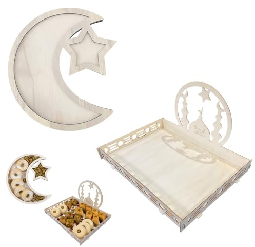 LZPLJLWS Ramadan Süßigkeiten Tray – Eleganter Holztablett für das Festmahl – Mond- und Sternenmuster – Perfekt für Iftar, Hochzeiten und Feiern – Hochwertige und langlebige Ausführung