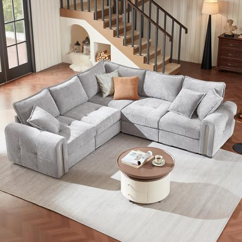 Vesgantti 5 Seater Modular Corner Sofa with Storage, Chenille, Light Grey | Cloud Comfort, Deep Seat, Convertible L Shaped 2C2 Corner Sofas, Easy Assembly, Sectional Couch for Living Room, Apartment