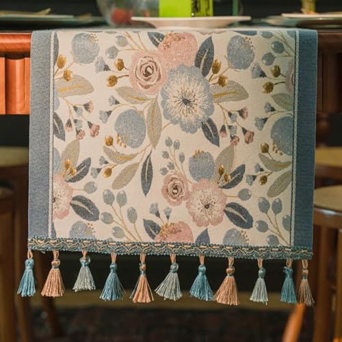Skcess Tischläufer 35x120cm, Jacquard Blumen Blätter Muster mit Quasten Tischläufern Polyester Table Runner Tischdecke Läufer Tischband Stoff für Geburtstagsfeier von Tisch Dekoration, Blau Grün