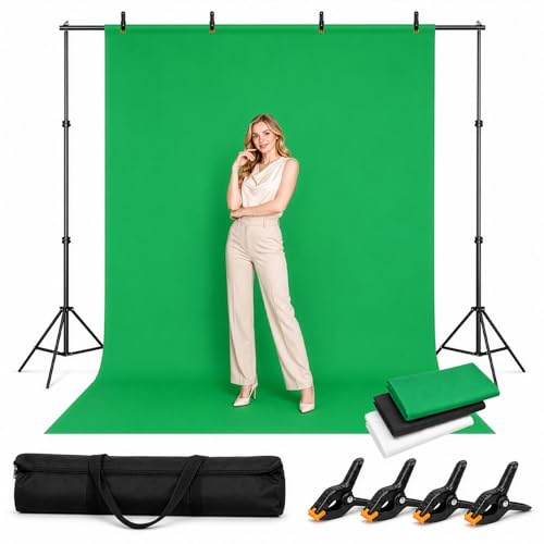 BREEZENEST Adjustable Backdrop Stand Kit 8.5x10 ft, Photography Background Support System with 3 Muslin Backdrops (Black White Green), Heavy Duty Photo Studio Background Support for Portrait & Video