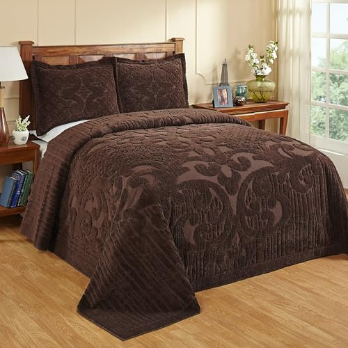Better Trends Chenille Bedspreads King Size, Chocolate 100% Cotton Chenille Medallion Design Tufted Bedding Coverlet Soft Lightweight, 120x110 1 Piece Ashton Collection