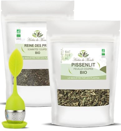 Herbes du Monde - Duo de Tisanes Drainantes BIO - Infusions Organic - Bien-Etre et Détox - Lot de 1 sachet de pissenlit et 1 de reine des près avec 1 Infuseur Certifiée AB