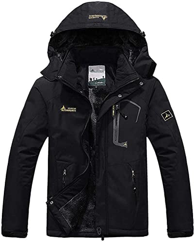 Memoryee Herren Ski Jacke Warmer Gefüttert Winter Fleece Mantel Wasserdichter mit Abnehmbarer Kapuze Outdoorjacke/Black/L
