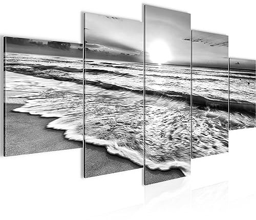 Runa Art Le Coucher Du Soleil Plage Tableau Murale Impression sur Toile Intissee 5 Parties Panorama Noir Blanc Chambre Salle 023753c