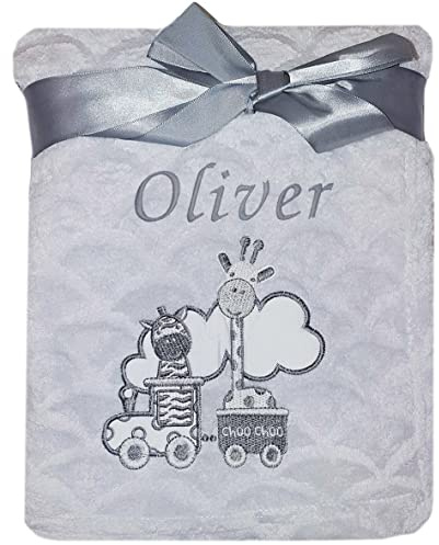 Baby Boy Girl Personalised Blanket Embroidered Name Various Designs Grey (Grey - Animal)