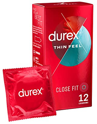 Durex Thin Feel Close Fit, 12 Condoms, Silicone Lubricated | Thinner for More Sensitivity, Pre Lubricated with Silicone Lube, Easy On, Teat Ended, Durex Condoms, Thin Feel