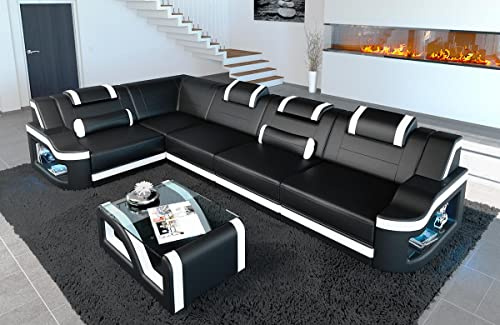 Ecksofa Padua Ledersofa L Form Sofa - mit LED Beleuchtung, verstellbare Kopfstützen, Recamiere/Lederfarben wählbar/Ausrichtung wählbar (Ecke Links, Schwarz-Weiß)