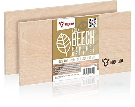 BBQ-Toro Räucherbrett aus 100% Buchenholz (2 Stück) | 30 x 15 x 1 cm | Grillbrett zum Erzeugen von Raucharomen für Fisch, Fleisch, Gemüse, Backwaren | Planke zum Grillen, BBQ, Backen