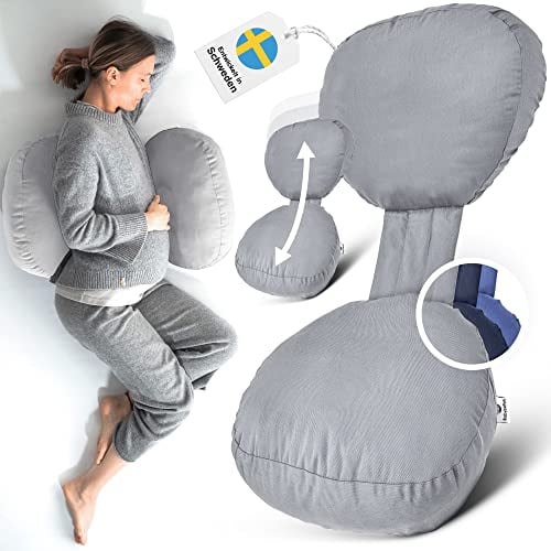 BabybeFun kompaktes Schwangerschaftskissen zum Schlafen gegen Rückenschmerzen [Extra Komfort Dank Verstellfunktion] Pregnancy Pillow | Waschbar | Flexible Füllung | Hellgrau