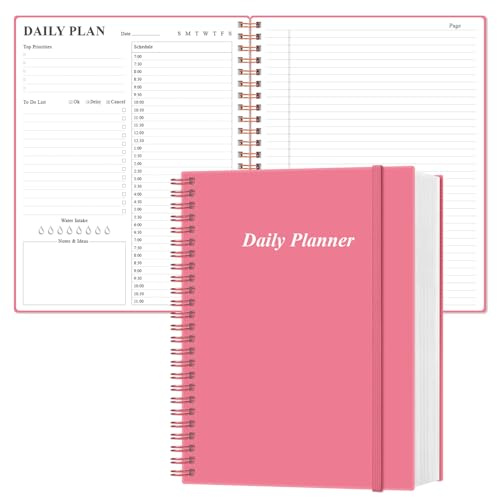Tagesplaner, undatiert – A4 To-Do-Liste, Notizbuch, Stundenpläne, Spiral-Terminplaner für Damen und Herren, PVC-Hardcover, Innentasche, elastischer Verschluss, 21,6 x 27,9 cm, Rosa