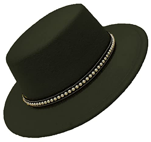 B-HOT Klassischer Fedora-Hut mit breiter Krempe für Damen und Herren, Filz, Panama, flache Oberseite, Jazzmütze mit abnehmbarem Band, grün, Einheitsgröße