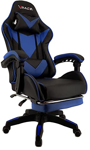 xRace Gaming Stuhl, Bürostuhl, Ergonomischer Pc Stuhl, Gaming Sessel aus Leder mit Lendenwirbelstütze, Verstellbarer Drehbarer, Task Stühle mit Fußstütze und Kopfstütze, Blau