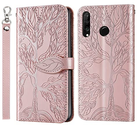 Succtopy Coque pour Huawei P30 Lite,Protection Etui Housse Premium en Cuir PU pour Huawei P30 Lite,Flip Cover Case Compatible avec Huawei P30 Lite,Arbre de Vie Rose